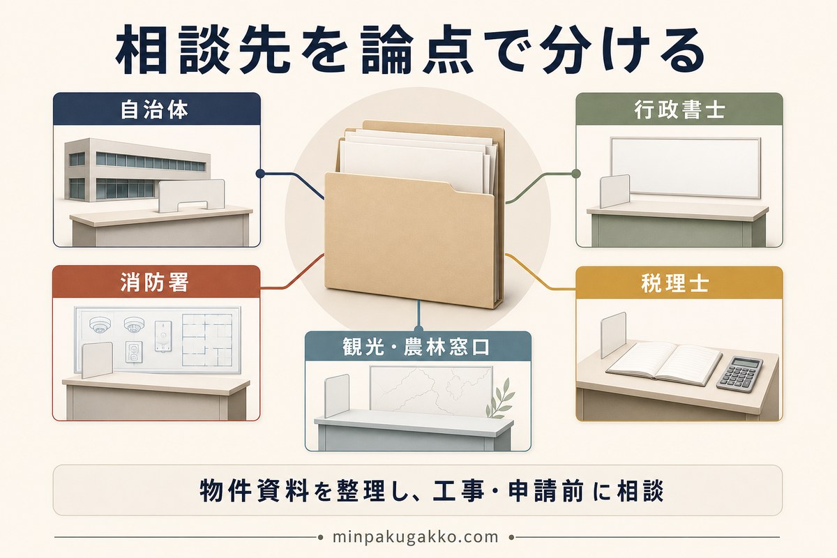 民泊の相談先を自治体、消防署、行政書士、税理士、観光・農林窓口に分けて示す図