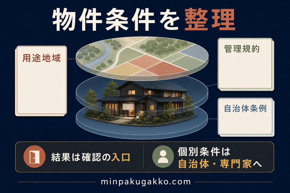 民泊の物件条件を用途地域、管理規約、自治体条例の3層で整理する図