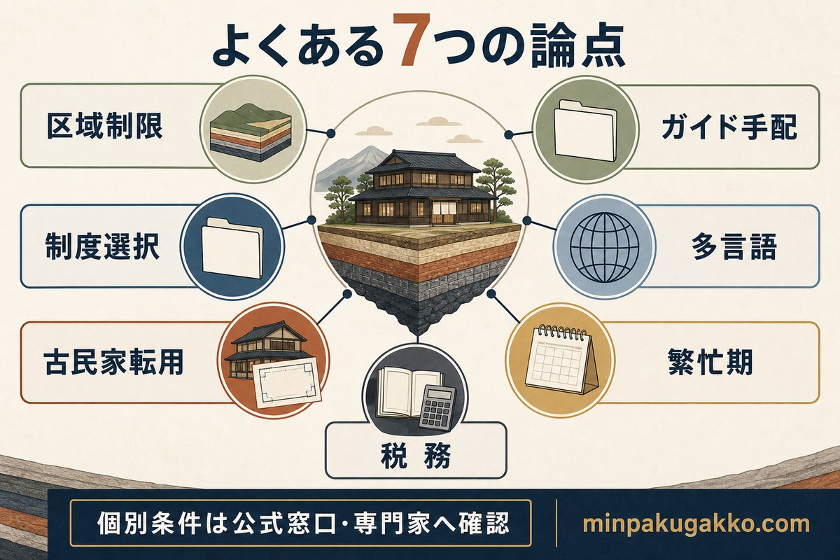 ジオパーク民泊でよくある区域制限、制度選択、古民家転用、ガイド手配、多言語、繁忙期、税務の論点を示す図