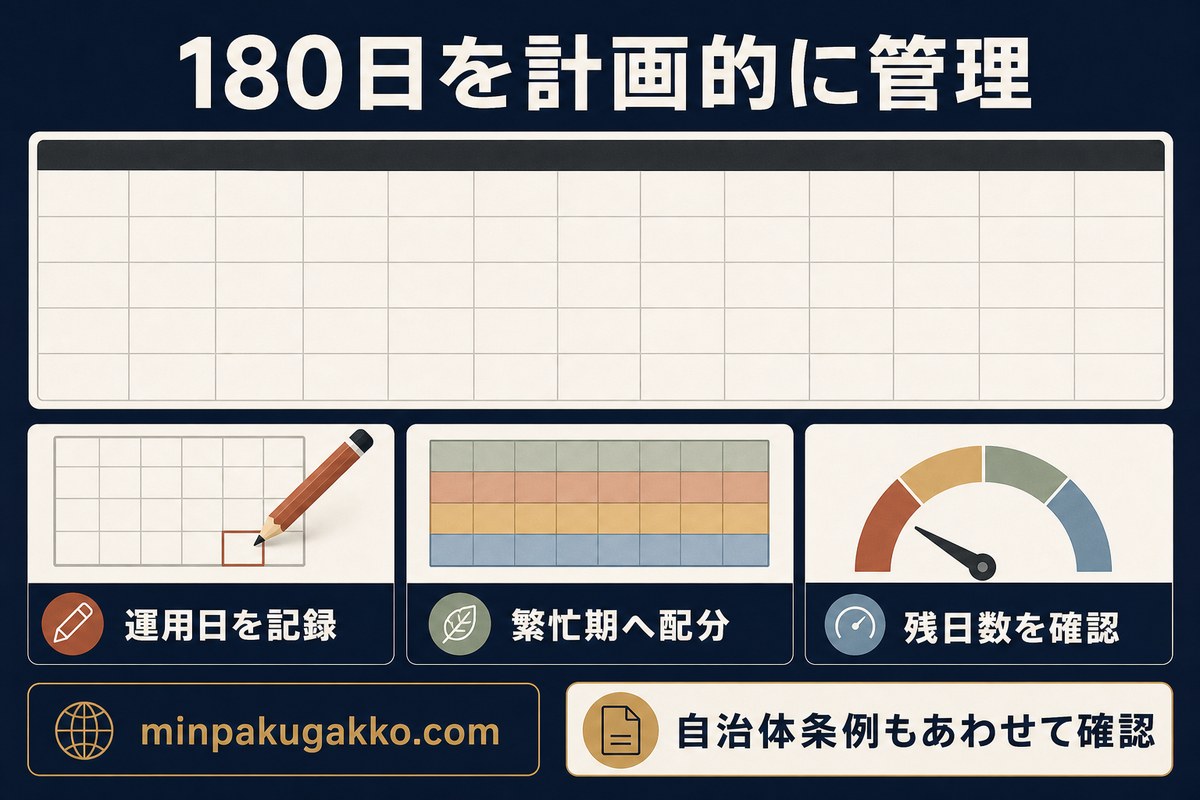 住宅宿泊事業の180日を記録し、繁忙期への配分と残日数を管理する流れを示す図