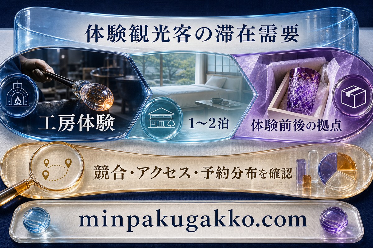 ガラス工芸体験の前後に一泊から二泊する旅行者需要と確認項目を整理した図