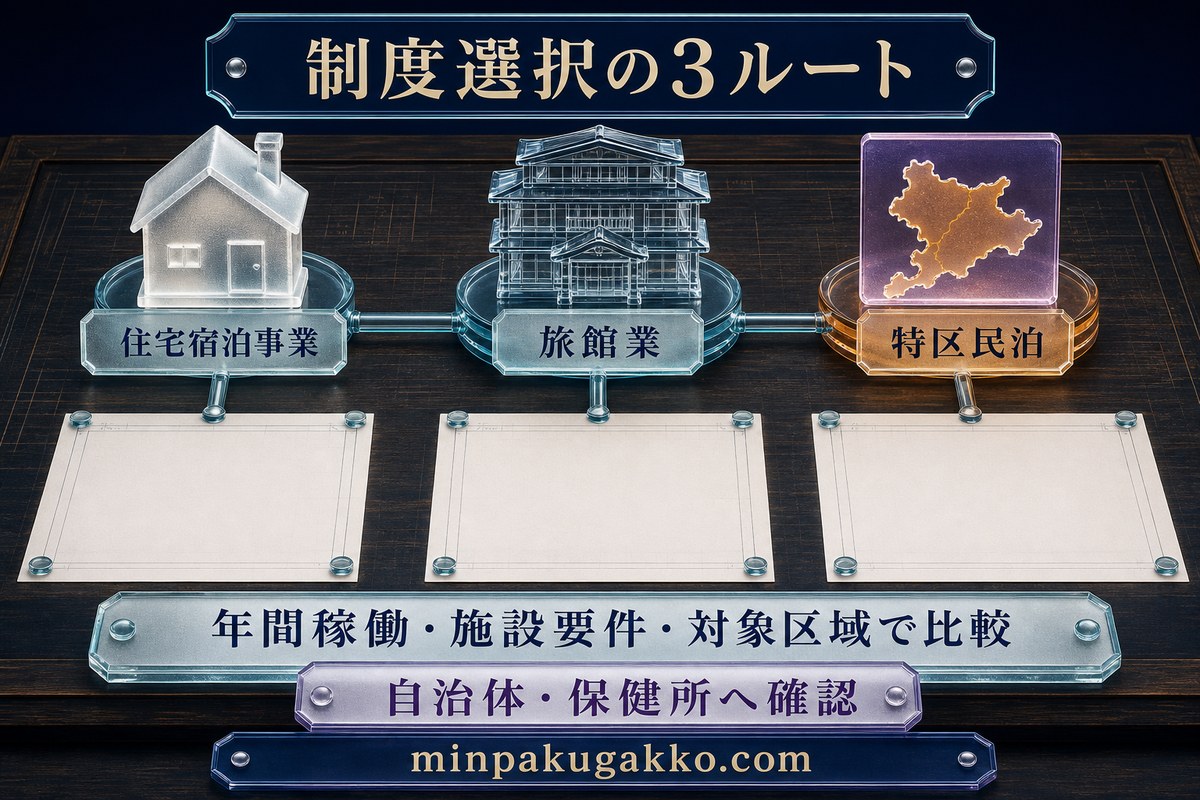 住宅宿泊事業、旅館業、特区民泊を年間稼働、施設要件、対象区域で比較する図
