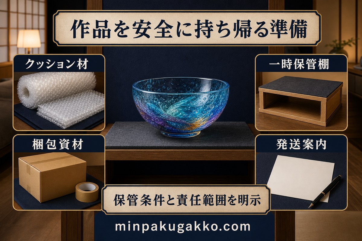 吹きガラス作品のクッション材、一時保管棚、梱包資材、発送案内を整理した図