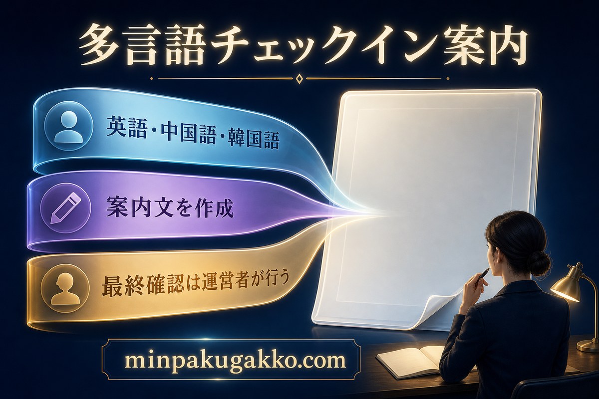 英語、中国語、韓国語のチェックイン案内を作成し運営者が最終確認する流れ