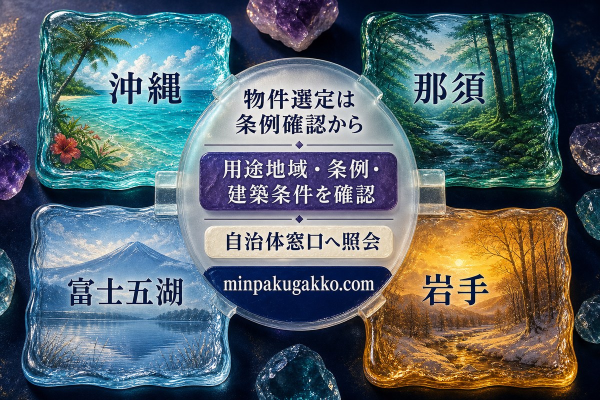 沖縄、那須、富士五湖、岩手で用途地域、条例、建築条件を確認する物件選定図