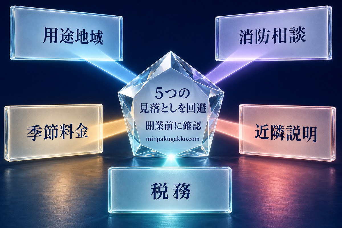 用途地域、消防相談、季節料金、近隣説明、税務の五つの見落としを開業前に確認する図