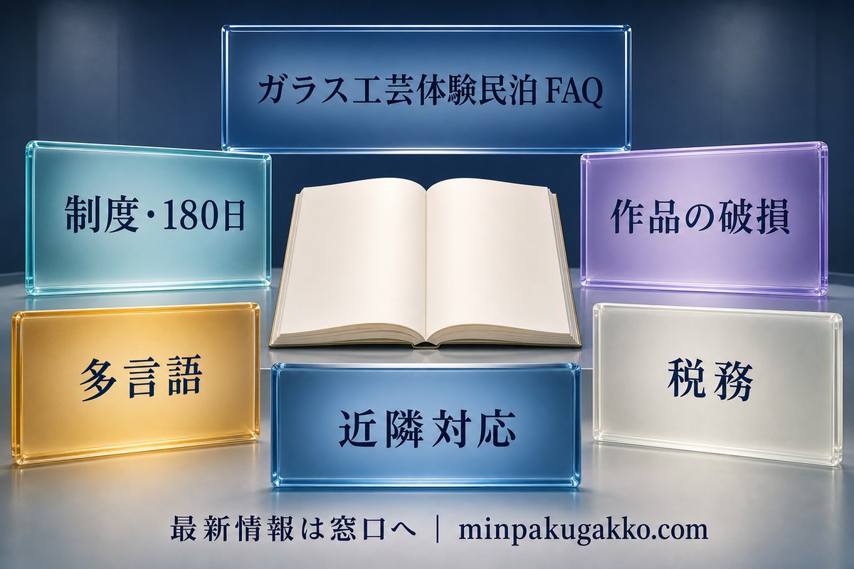 ガラス工芸体験民泊の制度、180日、作品破損、多言語、税務、近隣対応を整理したFAQ図