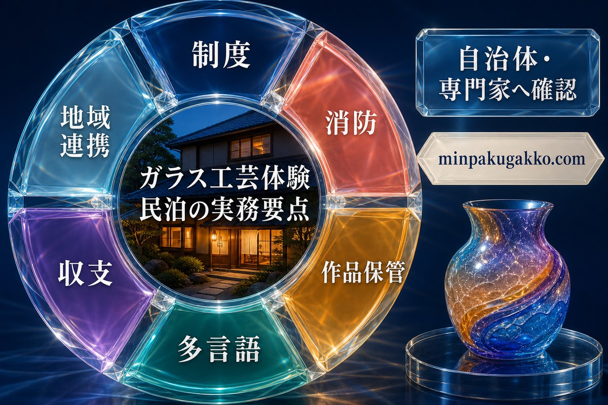 ガラス工芸体験民泊の制度、消防、作品保管、多言語、収支、地域連携を整理したまとめ図
