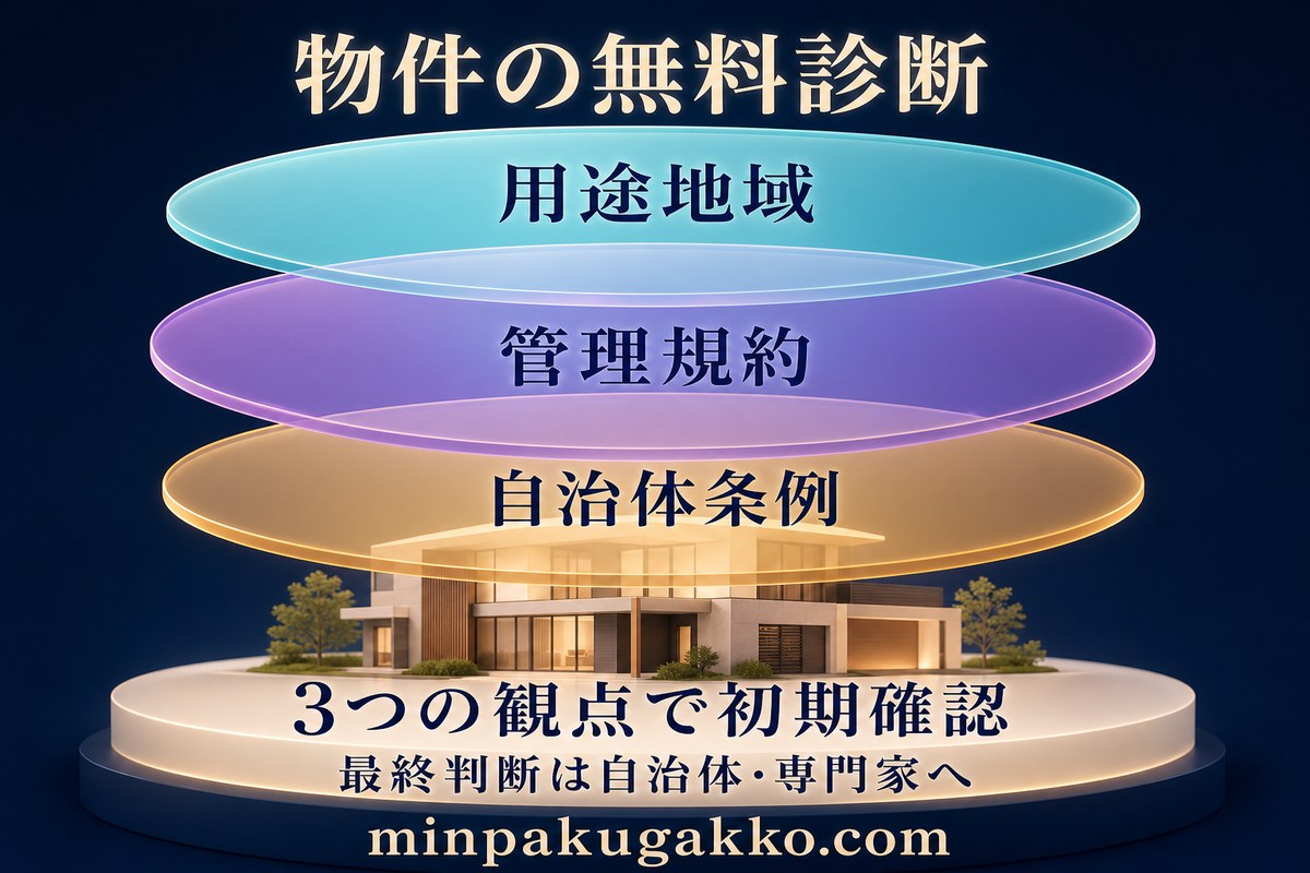 用途地域、管理規約、自治体条例の三つの観点で物件の民泊可否を初期確認する図