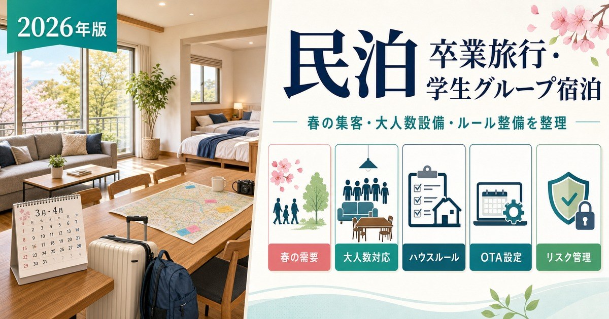 民泊の卒業旅行・学生グループ宿泊需要について、春の集客、大人数設備、ハウスルール、OTA設定、リスク管理を整理したアイキャッチ画像