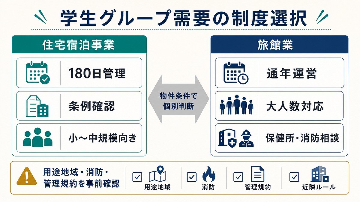 学生グループ需要の制度選択として、住宅宿泊事業、180日管理、条例確認、旅館業、通年運営、大人数対応、保健所・消防相談を比較した図解