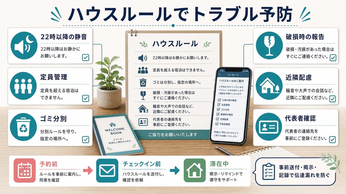 学生グループ宿泊のハウスルールとして、22時以降の静音、定員管理、ゴミ分別、破損報告、近隣配慮、代表者確認を整理した図解