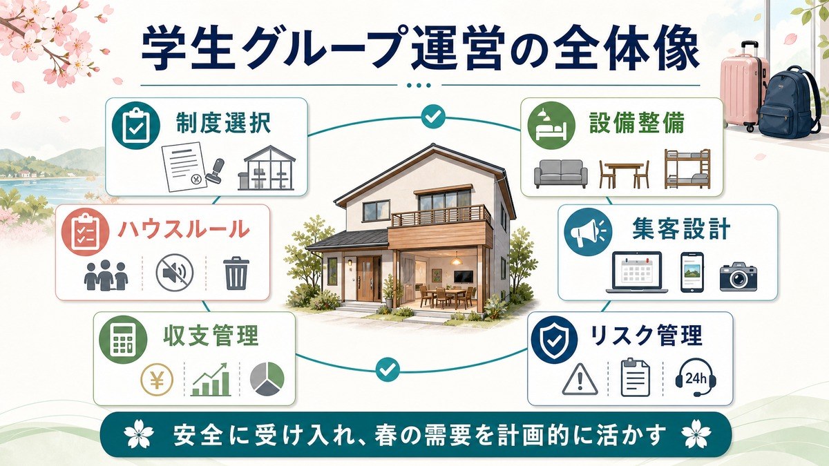学生グループ運営の全体像として、制度選択、設備整備、ハウスルール、集客設計、収支管理、リスク管理を整理した図解