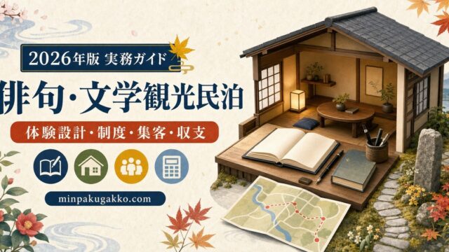俳句・文学観光民泊を体験設計、制度、集客、収支の観点で表したアイキャッチ