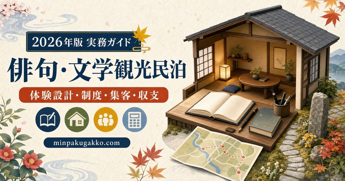俳句・文学観光民泊を体験設計、制度、集客、収支の観点で表したアイキャッチ