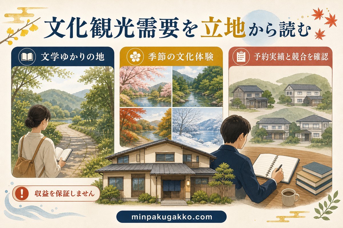 俳句・文学観光需要を文学ゆかりの地、季節体験、予約実績と競合から確認する図