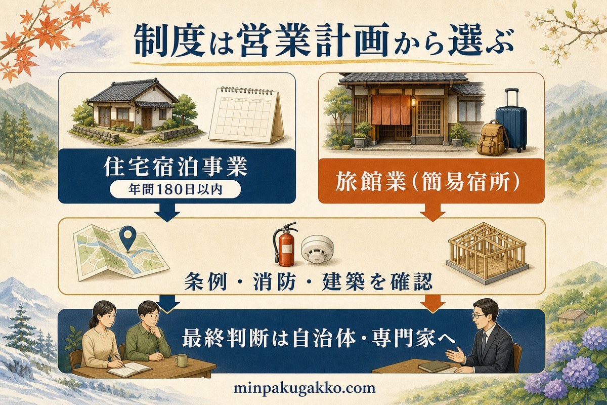 住宅宿泊事業と旅館業簡易宿所を営業計画から分け、条例、消防、建築を確認する図