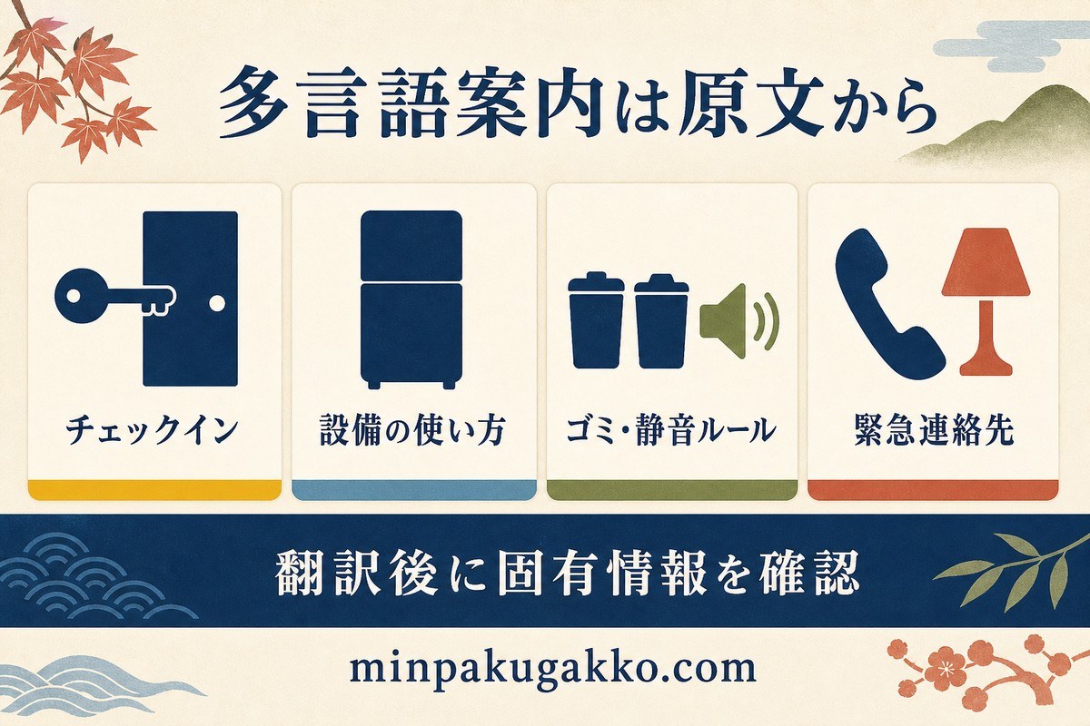 多言語チェックイン案内を原文、設備、ゴミ静音ルール、緊急連絡先、翻訳確認の順に示した図