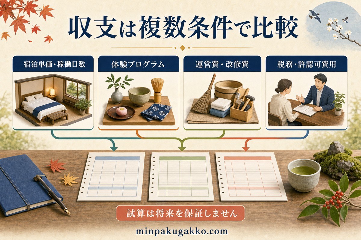 文化観光民泊の収支を宿泊条件、体験、運営改修費、税務許認可費用で比較する図