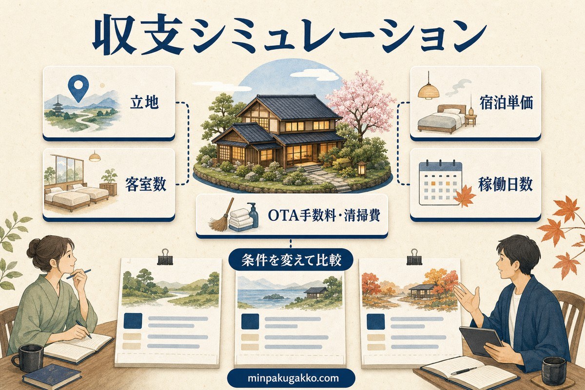 民泊収支を立地、客室数、宿泊単価、稼働日数、OTA手数料と清掃費で比較する図