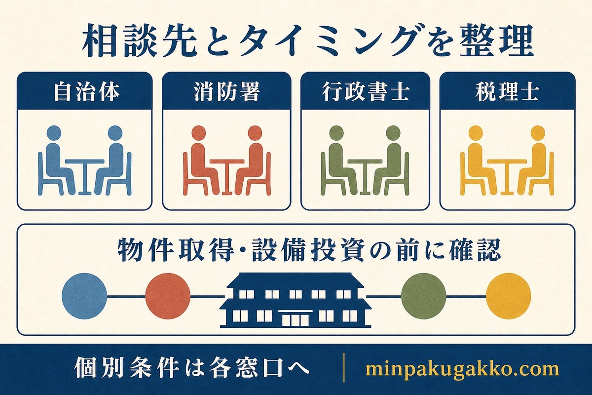 自治体、消防署、行政書士、税理士への相談先と物件取得前のタイミングを整理した図