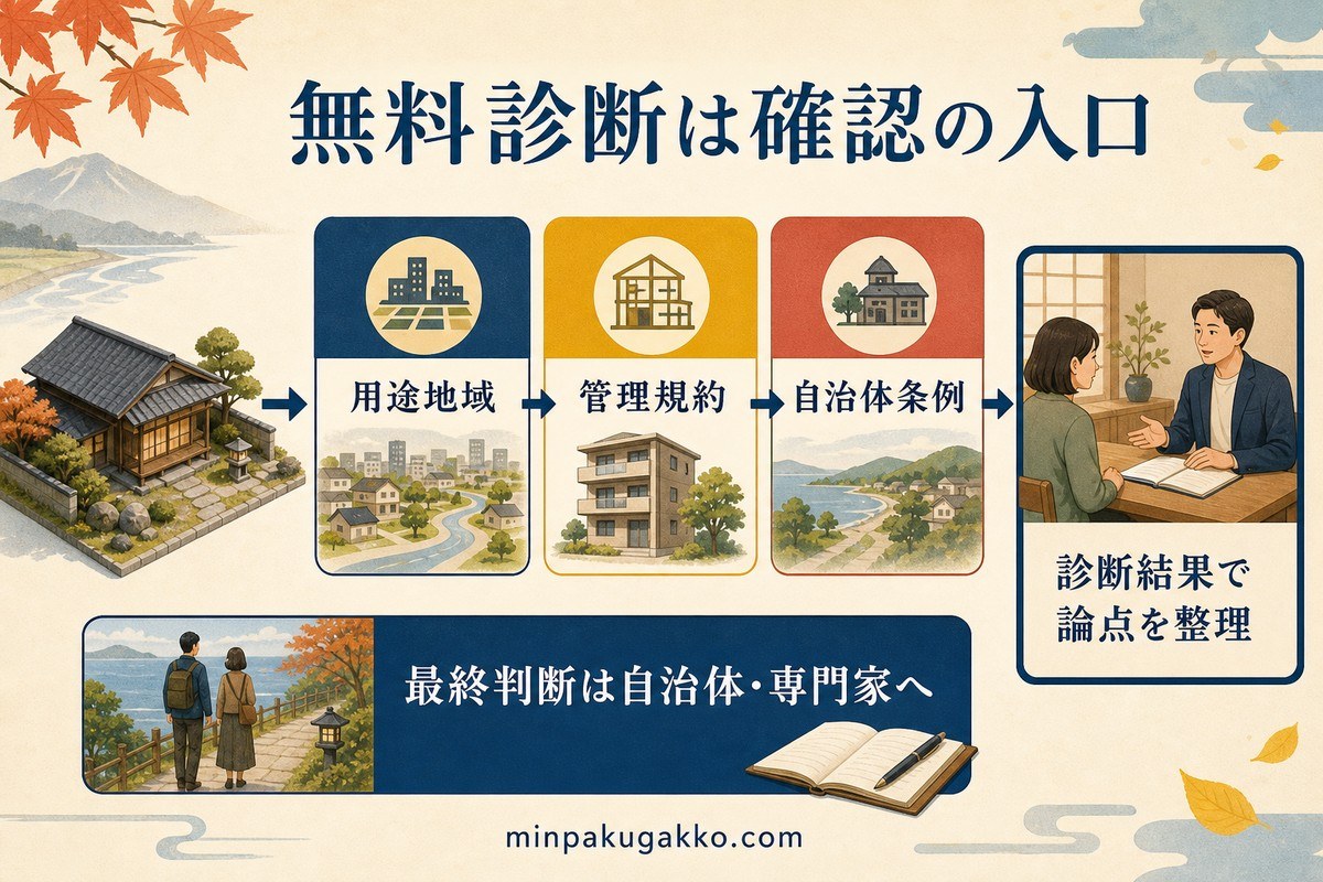 無料診断で用途地域、管理規約、自治体条例の論点を整理し専門家相談へつなぐ図