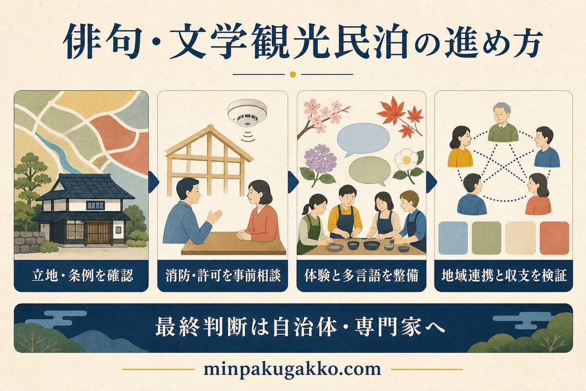 俳句文学観光民泊を立地条例、消防許可、体験多言語、地域連携と収支の順に進めるまとめ図