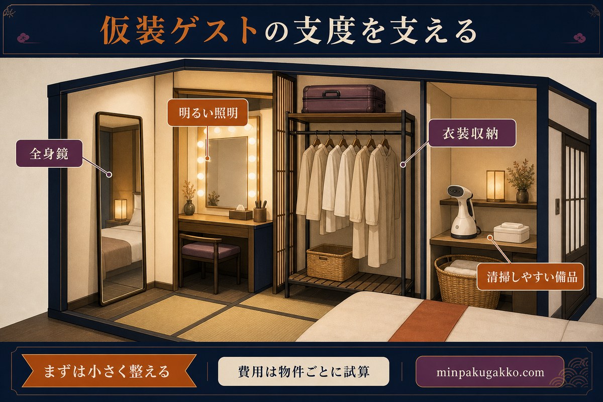 仮装ゲスト向けに全身鏡、明るい照明、衣装収納、清掃しやすい備品を優先して整える客室図