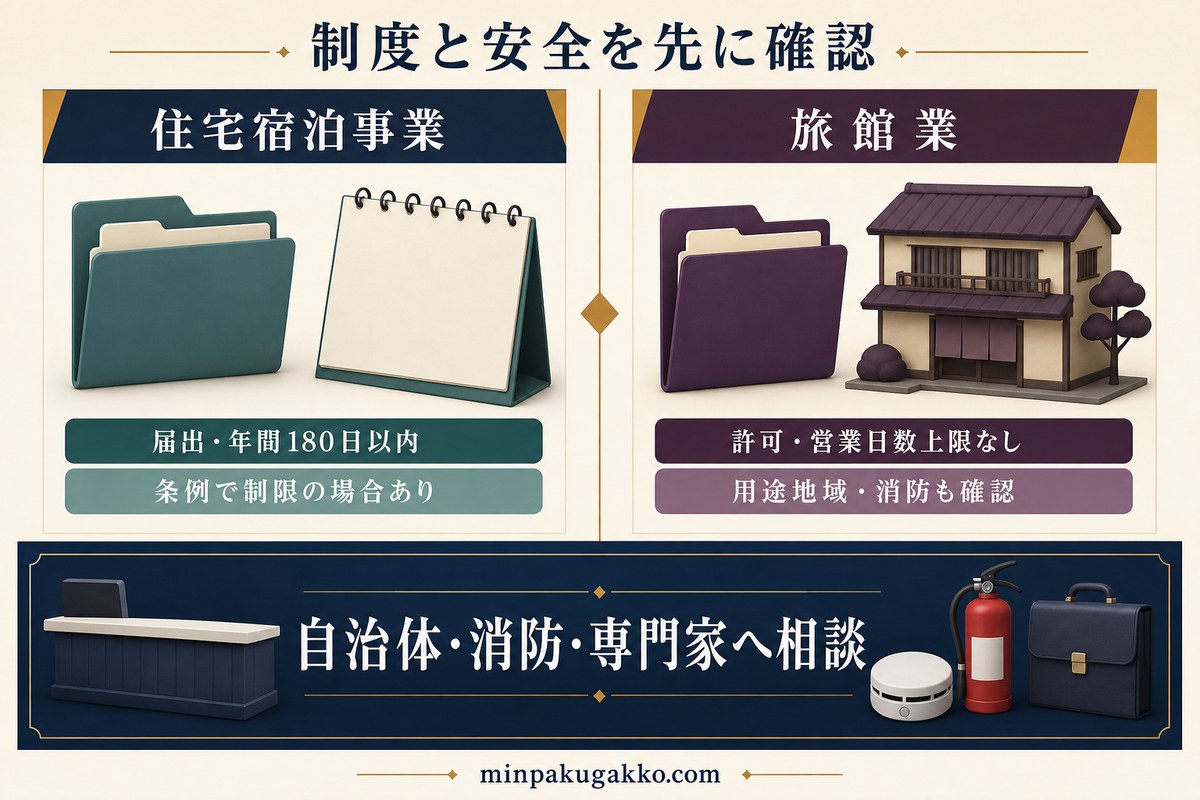 住宅宿泊事業と旅館業の届出・許可、営業日数、条例、用途地域、消防確認を比較した図