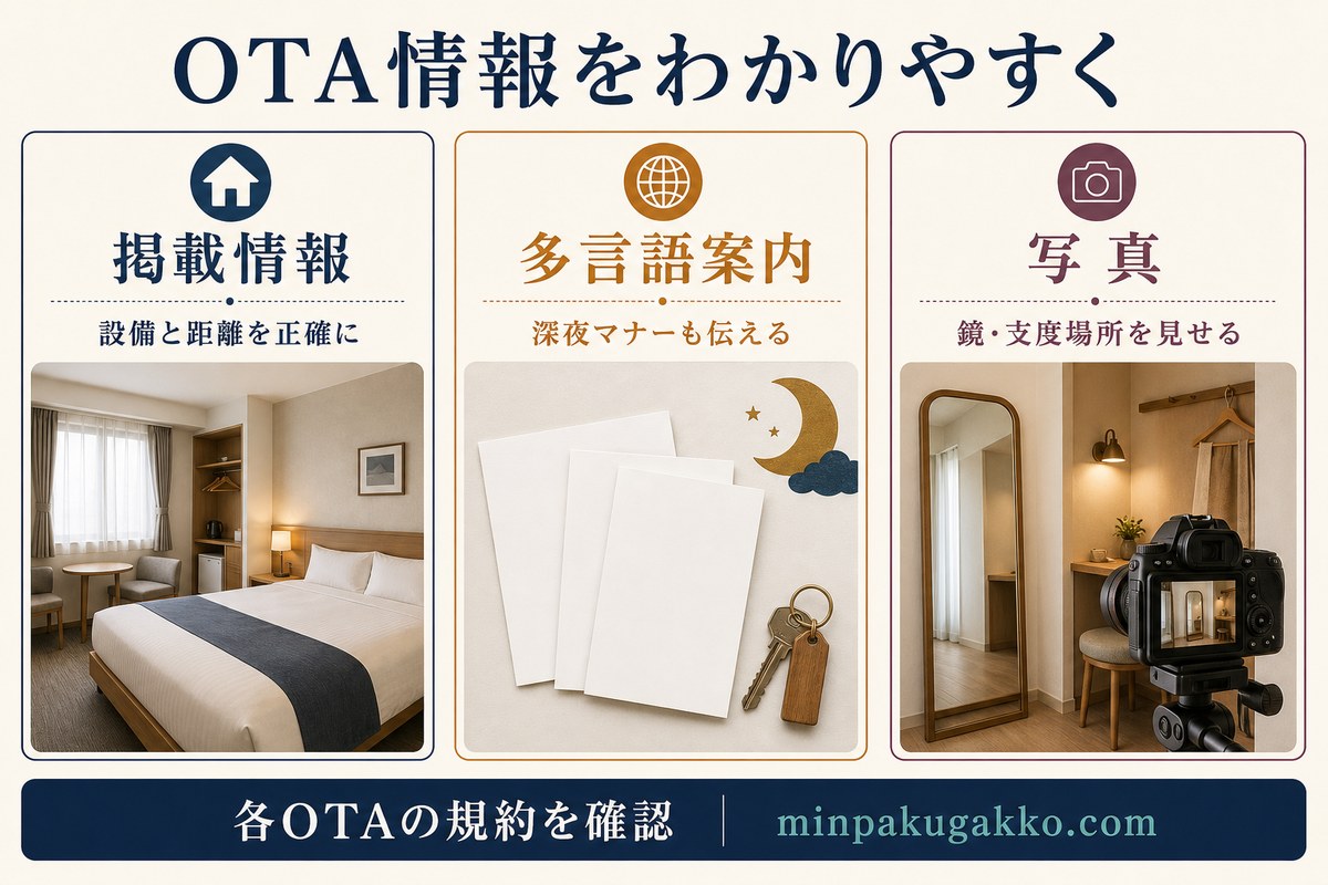 OTAの掲載情報、多言語案内、客室写真を正確に整え、規約も確認する流れを示した図