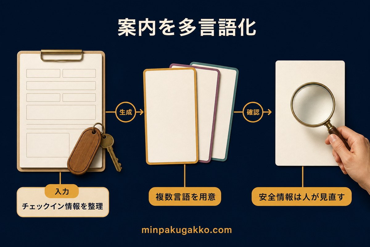チェックイン情報の入力、多言語案内の生成、安全情報の人による確認という3段階を示した図