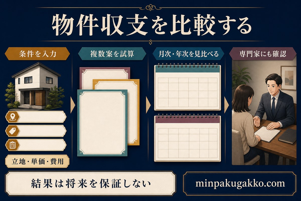 物件条件を入力し、複数の月次・年次収支案を比較して専門家にも確認する流れを示した図