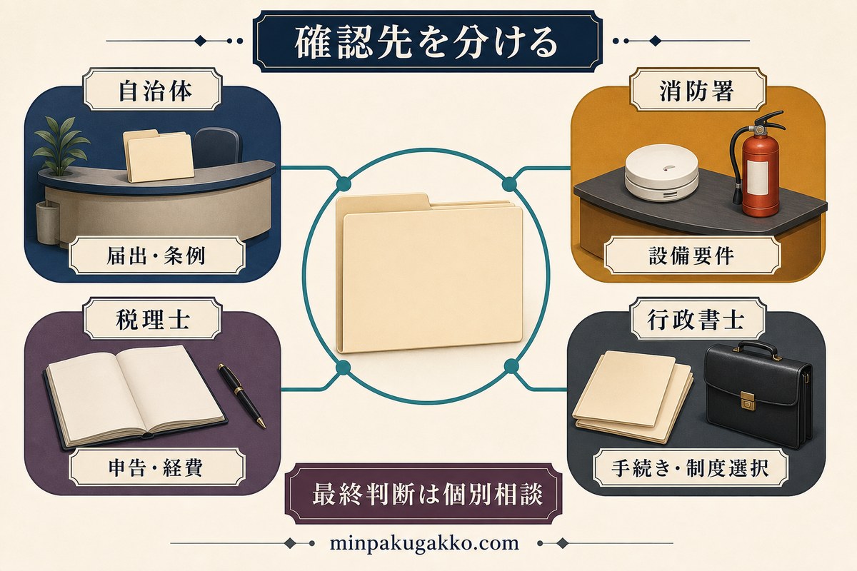届出・条例、設備要件、申告・経費、手続き・制度選択の相談先を自治体、消防署、税理士、行政書士に分けた図