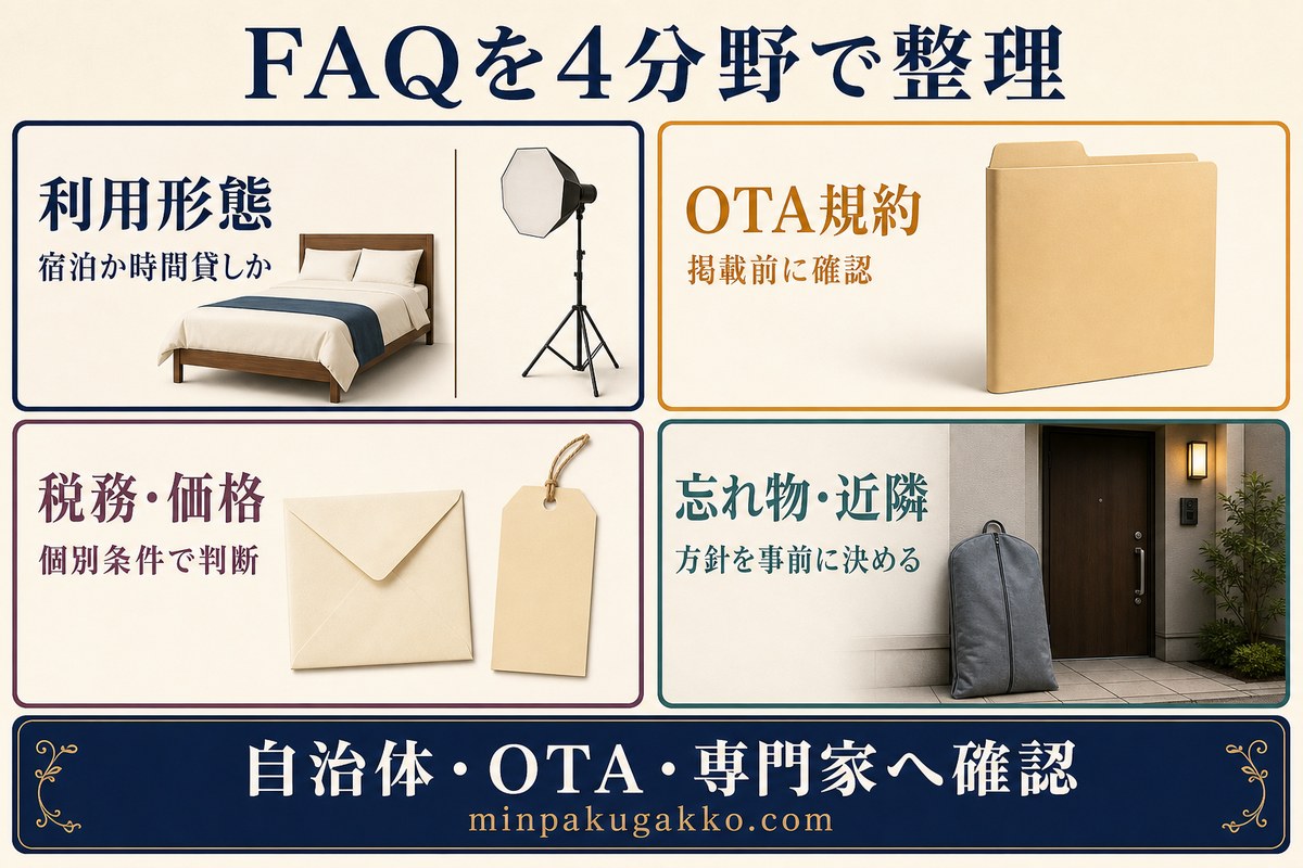 ハロウィン民泊の利用形態、OTA規約、税務と価格、忘れ物と近隣対応に関するFAQを4分野で整理した図