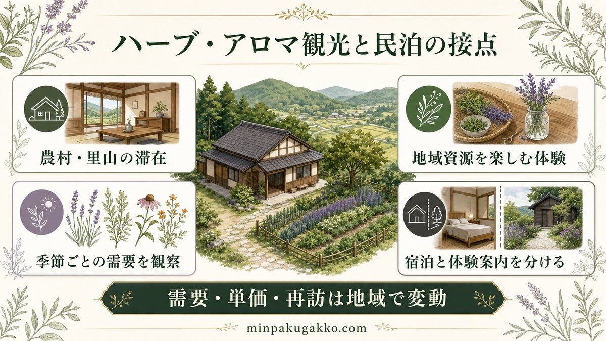農村・里山滞在、地域資源を楽しむ体験、季節ごとの需要観察、宿泊と体験契約の分離を整理した図解