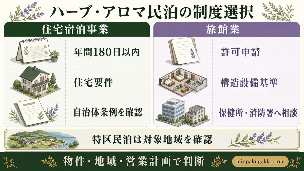 住宅宿泊事業の180日上限・住宅要件・自治体条例と、旅館業の許可・構造設備基準・保健所消防相談を比較した図解