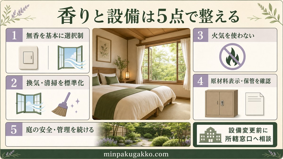 無香を基本選択にし、換気・清掃、火気不使用、素材表示と保管、庭の管理を整える5項目の図解