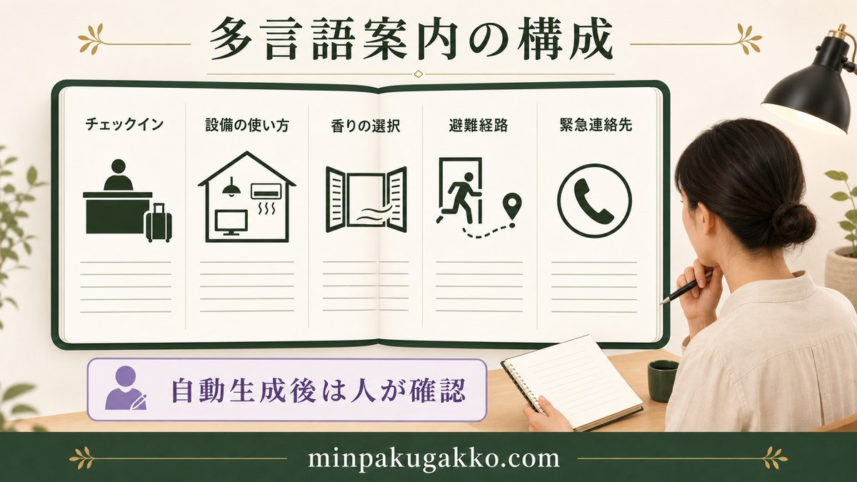 チェックイン、設備の使い方、香りの選択、避難経路、緊急連絡を多言語案内にまとめ、人が確認する流れの図解