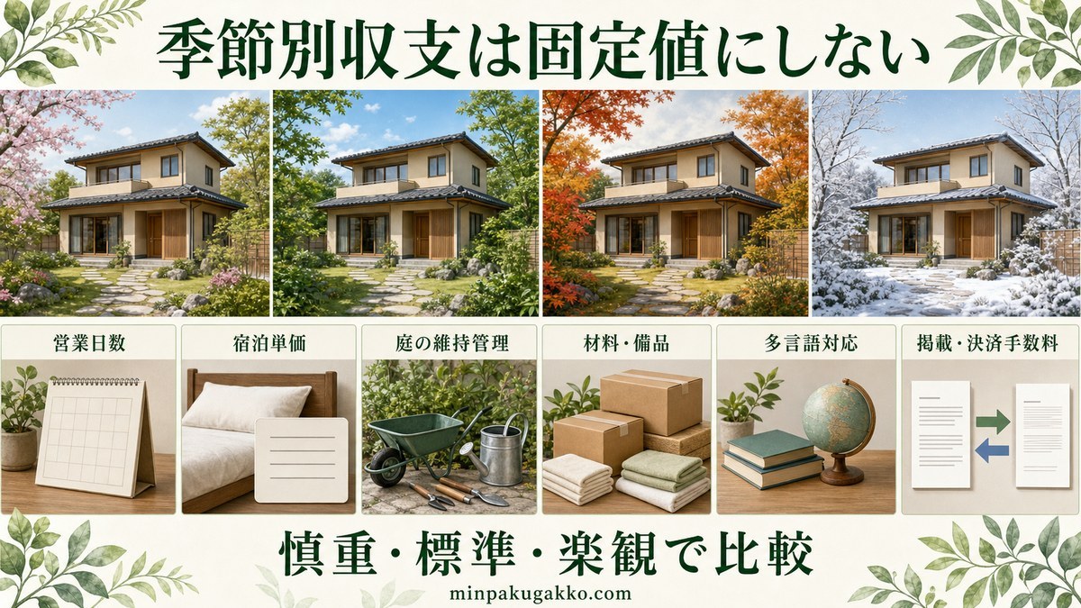同一物件の春夏秋冬について需要、単価、体験連携費、清掃、光熱、庭と設備維持を比較する図解