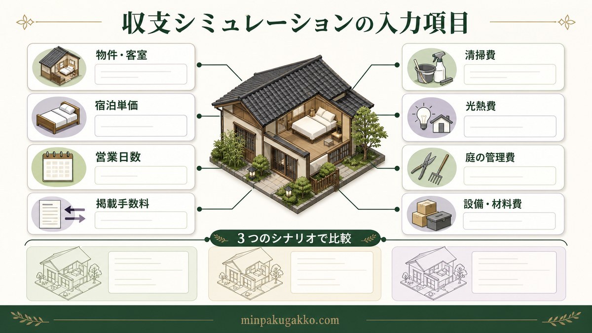 物件客室、宿泊単価、営業日数、掲載手数料、連携費、光熱費、庭の管理費、設備材料費を3シナリオで比較する図解