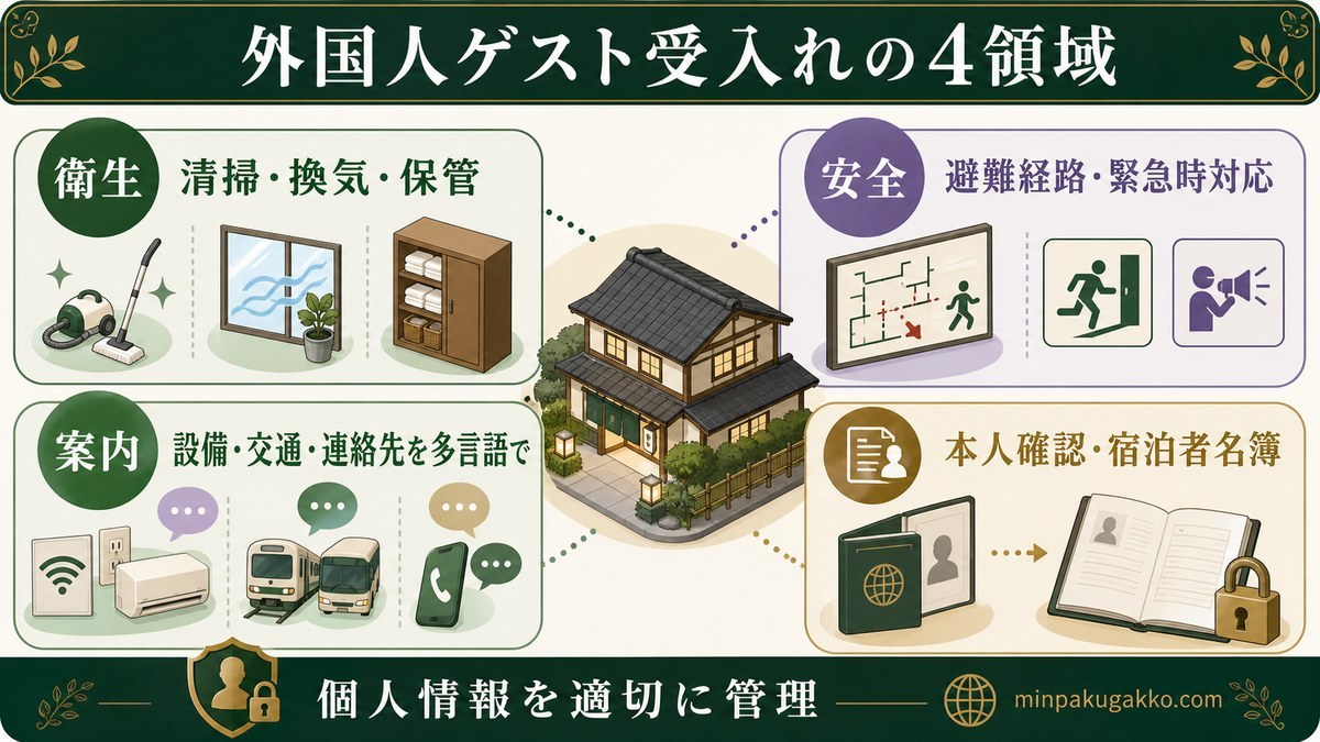 衛生、安全、案内、本人確認と宿泊者名簿、個人情報管理の4領域を整理した外国人ゲスト受け入れ図解