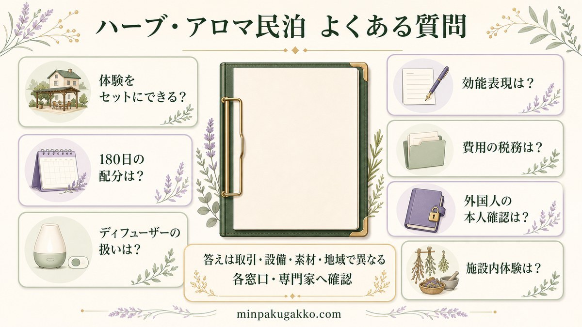 体験セット、180日の配分、ディフューザー、効能表現、税務、外国人本人確認、施設内体験のFAQを整理した図解