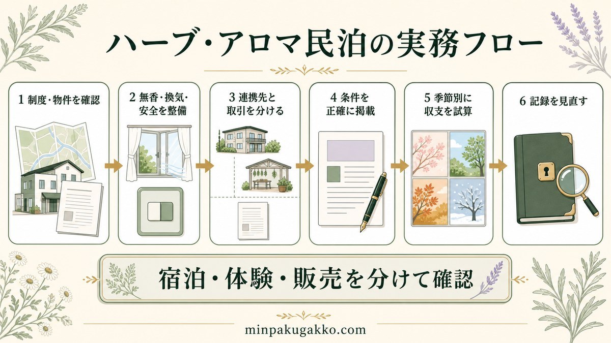 制度・物件確認から無香・換気・安全整備、取引分離、正確な掲載、季節別収支試算、記録見直しへ進む6段階の実務図