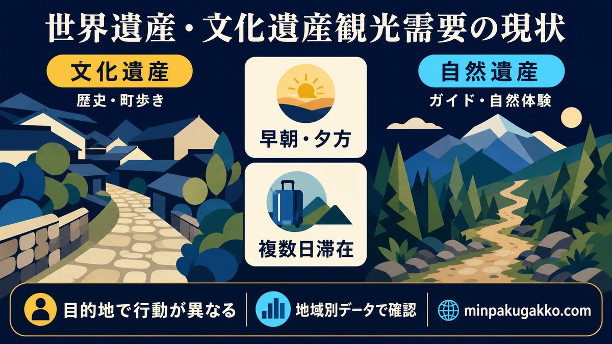 文化遺産の歴史・町歩きと自然遺産のガイド・自然体験を、早朝・夕方や複数日滞在の行動とともに整理した図解