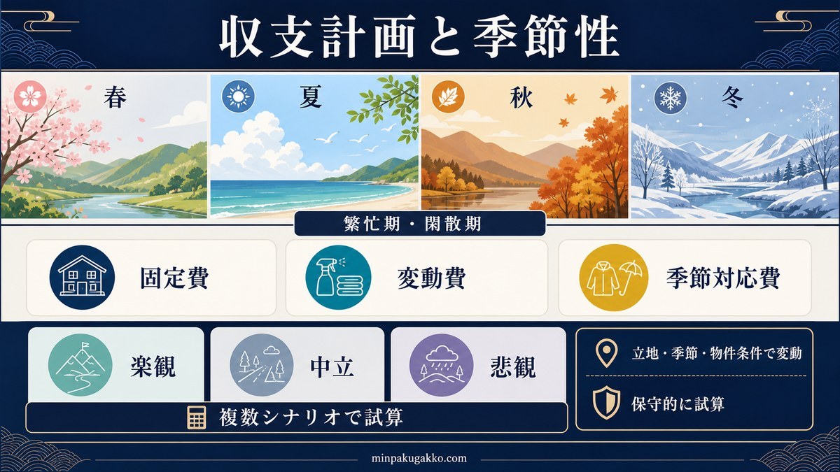 春夏秋冬の繁忙期・閑散期、固定費、変動費、季節対応費を楽観・中立・悲観の複数シナリオで試算する図解