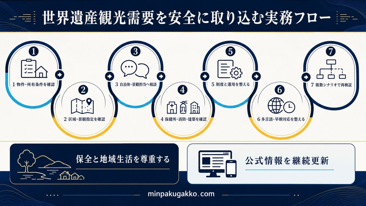 物件・所有条件と区域確認から行政相談、制度・運用、多言語・早朝対応、複数シナリオ再検証までの実務フロー図解