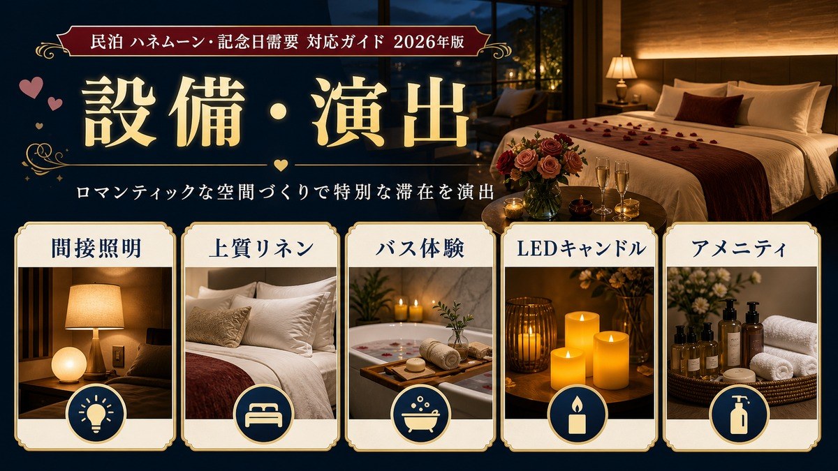 ロマンティックな設備・演出として間接照明、上質リネン、バス体験、LEDキャンドル、アメニティを整理した図解