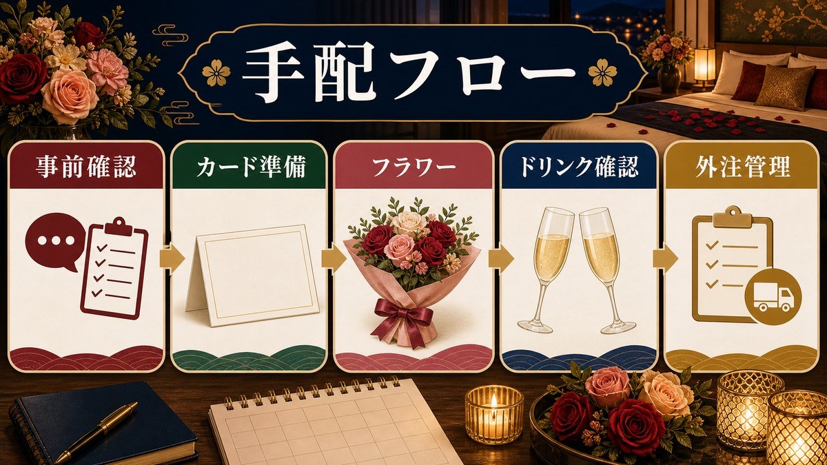記念日サービスの手配フローとして事前確認、カード準備、フラワー、ドリンク確認、外注管理を整理した図解