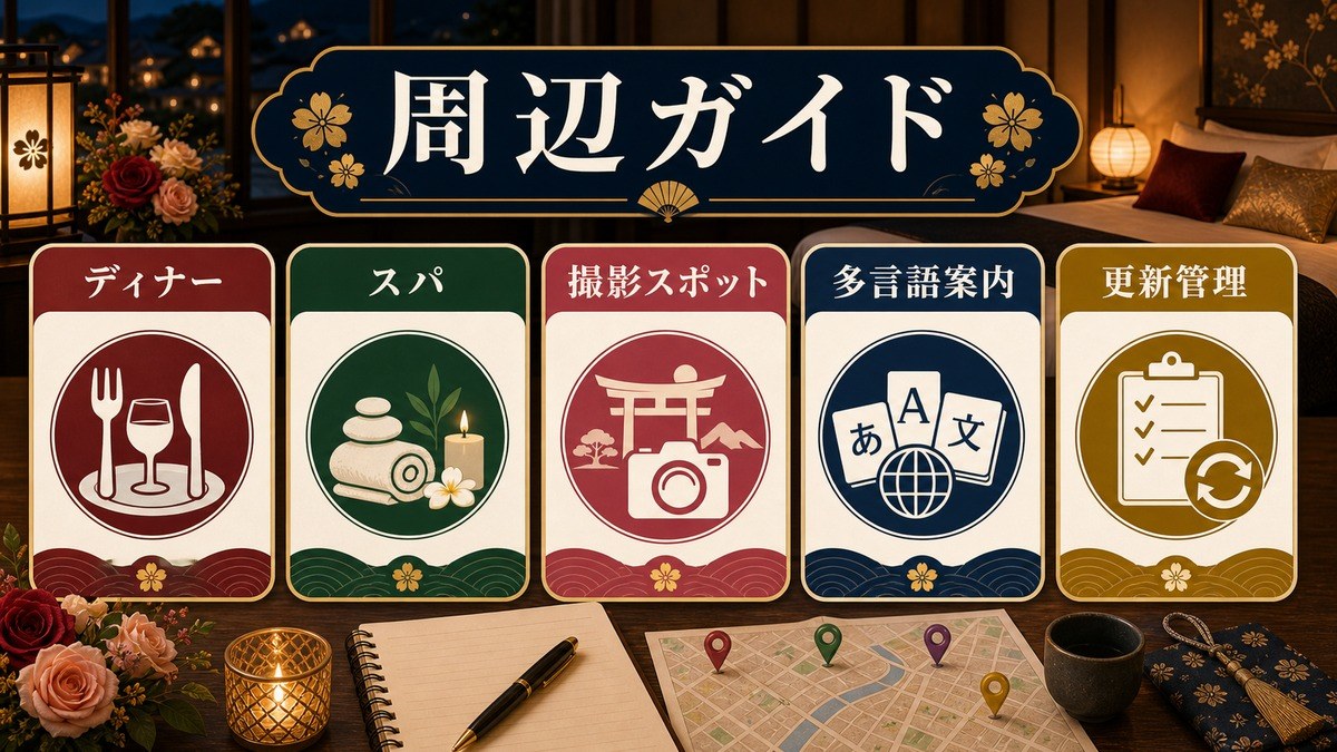 周辺ガイドとしてディナー、スパ、撮影スポット、多言語案内、更新管理を整理した図解