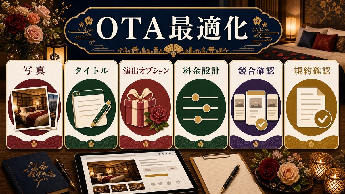 ハネムーン・記念日向け民泊のOTA最適化、写真、タイトル、演出オプション、料金設計、競合確認、規約確認を整理した図解